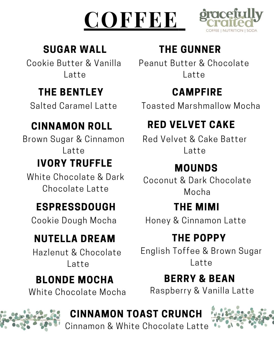 Gracefully Crafted drink menu, page 1